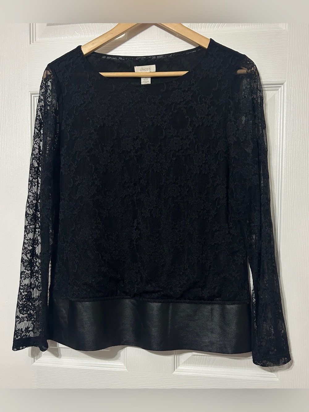 Chico’s Black Floral Lace Blouse Top Faux Leather Hem Sheer Sleeves Size 1 -Med